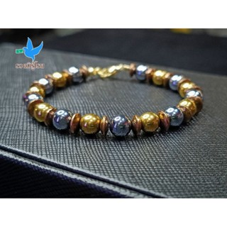 สร้อยข้อมือหินแท้ หินเฮมาไทต์ (Hematite) ไซต์ 6 mm. ลาย 3  กษัตริย์ สีเงิน+ทอง+นาค