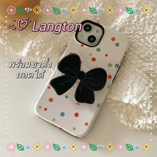 🌈Langton🌸โบว์หูกระต่าย ขาตั้ง ถอดได้ ป้องกันการหล่น ขอบเต็ม iphone 11 14 pro max ลายจุดสี เรียบง่ายcase for iPhone 12 13