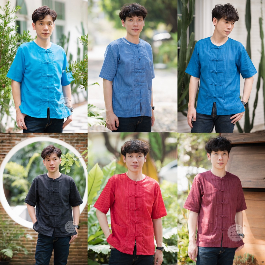 เสื้อผ้าฝ้าย คอกลมผ่าหน้ากระดุม5เม็ด