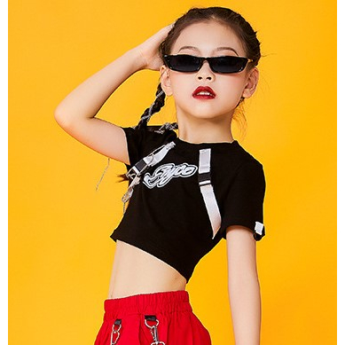 พร้อมส่ง เสื้อยืดแขนสั้นเด็กเต้นฮิปฮอป เสื้อแด๊นซ์เด็กหญิงเอวลอย