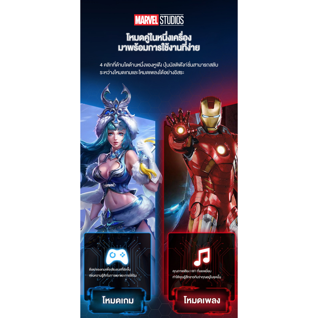 Marvel-EJ-300 หูฟังไร้สาย Bluetooth หูฟัง Gaming สัมผัสอัจฉริยะ Iron Man กัปตันอเมริกา เพลง โหมดคู่ ชุดหูฟังไมค์