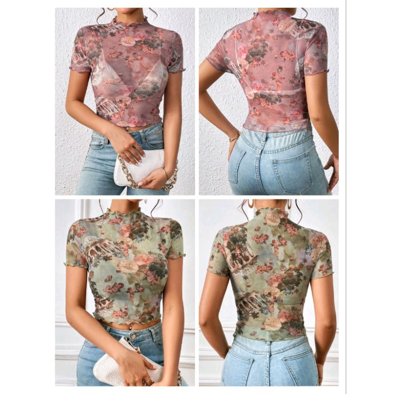 พร้อมส่ง  เสื้อครอป เสื้อแขนสั้น ลายดอกไม้ เทวดา ผ้าซีทรู ผ้าโปร่ง ผ้าตาข่าย ขอบหยัก คอตั้ง
