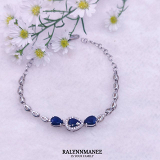 BL004 สร้อยข้อมือพลอยไพลินแท้ ( Blue sapphire ) ตัวเรือนเงินแท้ 925 ชุบทองคำขาว ฟรีไซส์ 14.5 - 17.5 cm