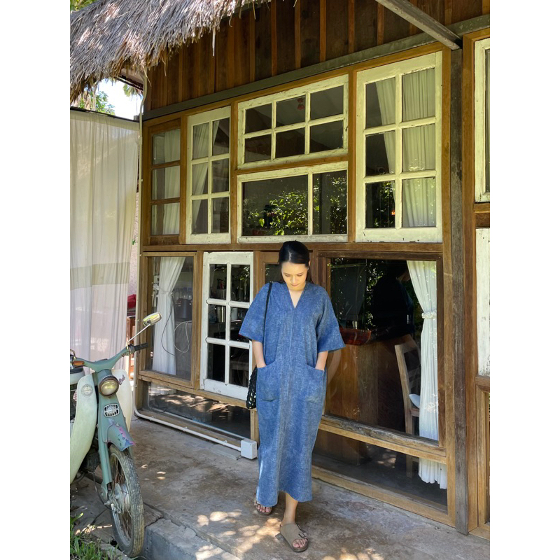 Pround.store - เดรสยาวทรงกระเหรี่ยง Over Size ต่อแขน🧵ผ้าสโตนวอช❗️เดรสพื้นเมือง