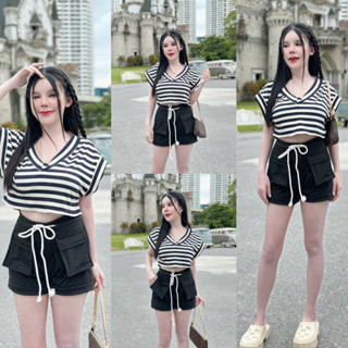 👚sopa_shop👚 Set2ชิ้น เสื้อแขนกุดคอวีลายริ้ว+กางเกงขาสั้น ผ้ายืดนิ่ม ใส่สบายมากก