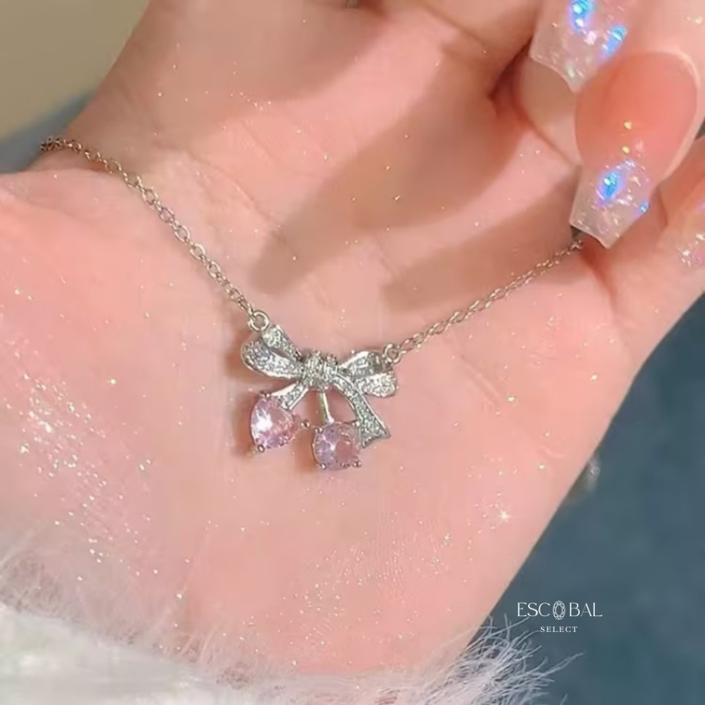 ESCOBAL สร้อยคอเงินแท้ pink bow สร้อยเพชร - รูปที่ 2