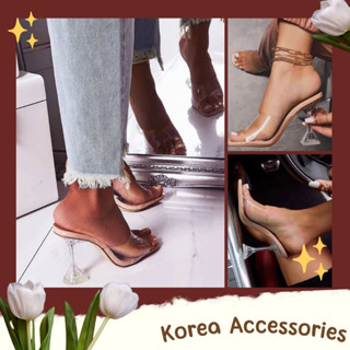 Korean🧧 รองเท้าส้นแก้วใส สูง 4 นิ้ว ทรงหัวเหลี่ยม หน้าคาดสีใส