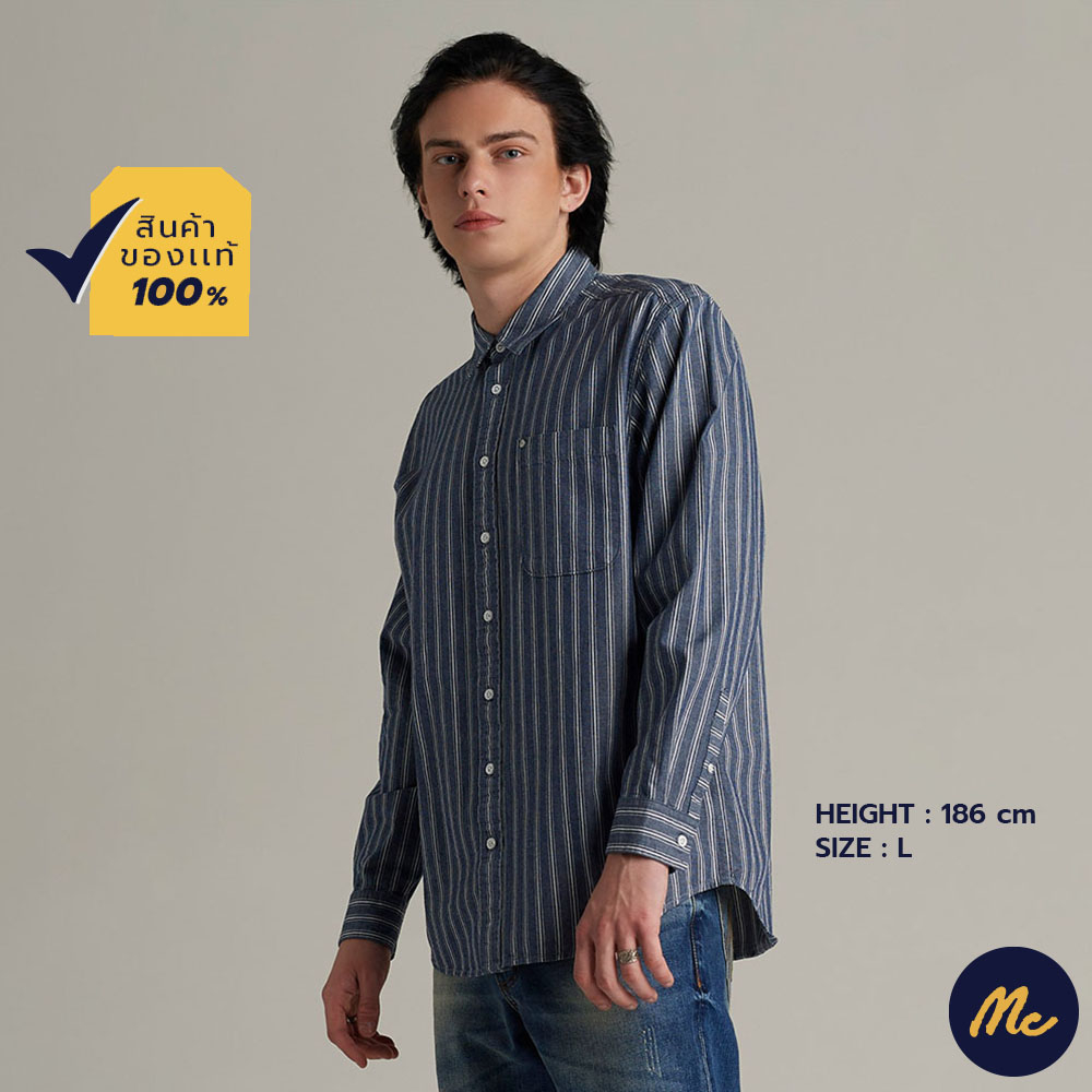 Mc JEANS เสื้อเชิ้ตแขนยาวผู้ชาย สียีนส์ฟอกเข้ม MSLZ182