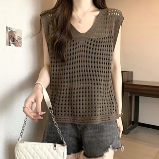 [W0093] เสื้อยืดตาข่าย แขนกุด ผ้าไหมพรมยืด ใส่สบาย ฟรีไซส์ เสื้อถักตาข่าย เสื้อแฟชั่นผู้หญิง