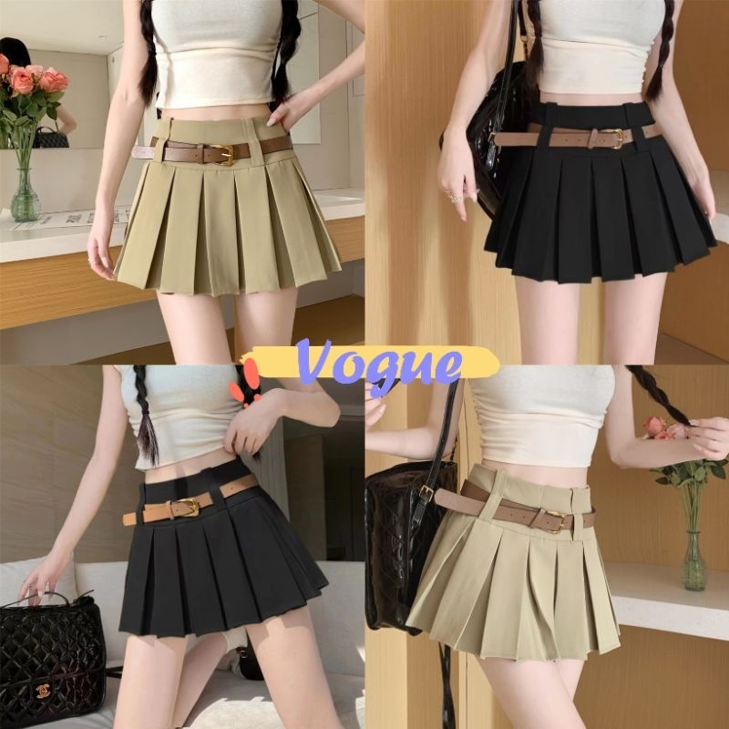 Vogue พร้อมส่ง กระโปรงเอวสูง ผ้าพลีสซับบางๆ แถมเข็มขัด ใส่สบาย (2505) -NZ-XM