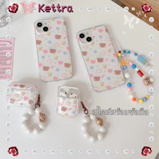 💜Kettra💜สไตล์สร้อยข้อมือ ป้องกันการหล่น ขอบเต็ม iPhone 11 14 pro max การ์ตูน หมีน้อย เส้นขอบโปร่งใสcase for iPhone 12 13