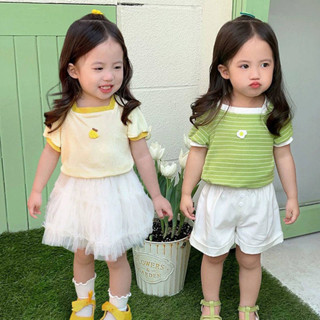 Babyonline(Y432)B4 เสื้อยืดเด็กผู้หญิงคอสี่เหลี่ยมแขนสั้นผ้าร่องสีพื้น นุ่ม ลื่น ใส่สบาย