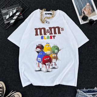 เสื้อยืดสกรีนหน้า-หลัง ดำ&amp;ขาว ลายM&amp;M ใส่ได้ทั้งชายและหญิง