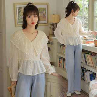 🎀พร้อมส่ง🎀เสื้อคอปกบัวแต่งลูกไม้ เสื้อลูกคุลฉลุลายลูกไม้