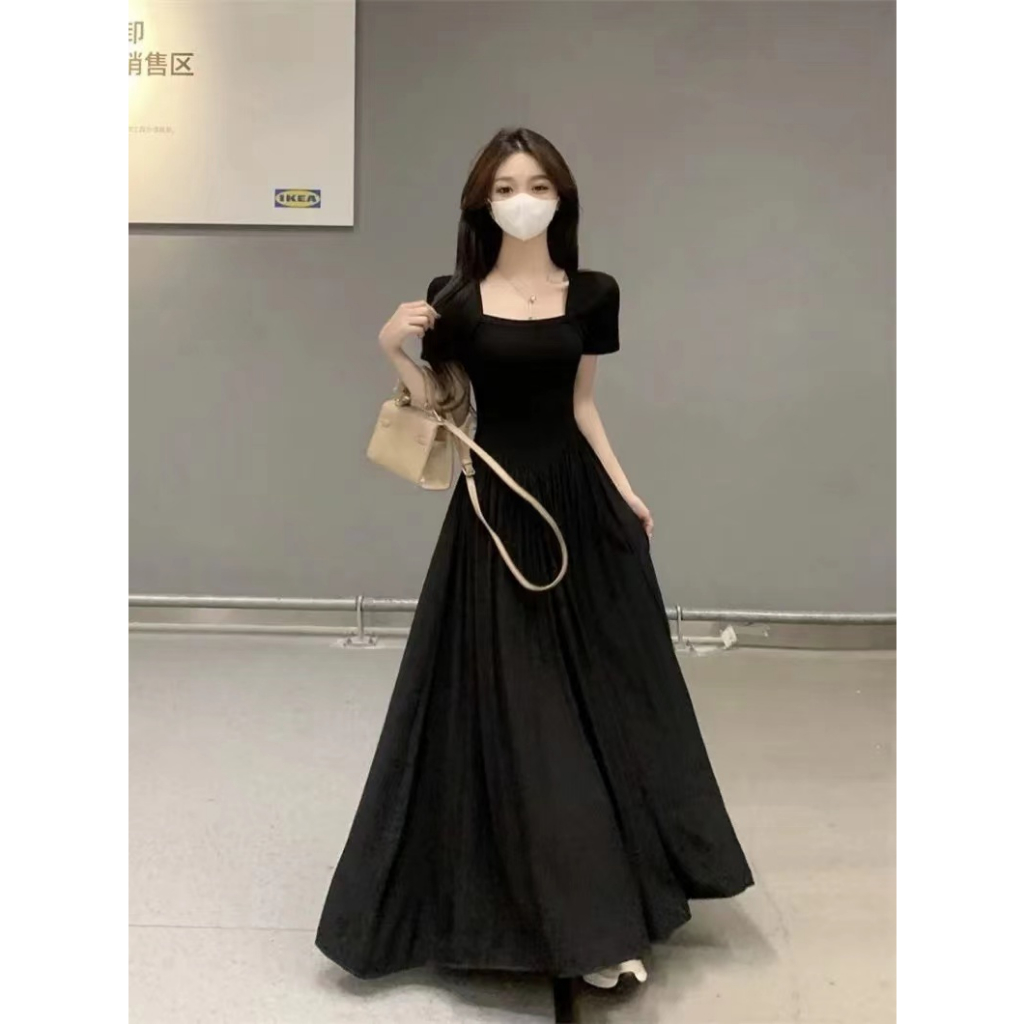 🌙ชุดเดรส,🌙ฤดูร้อน 2024ใหม่ Hepburn สไตล์แขนสั้นบางชุดผู้หญิงการออกแบบระดับไฮเอนด์ความรู้สึกเอว A-line กระโปรงยาว - รูปที่ 4