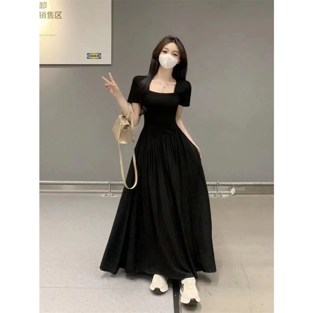 🌙ชุดเดรส,🌙ฤดูร้อน 2024ใหม่ Hepburn สไตล์แขนสั้นบางชุดผู้หญิงการออกแบบระดับไฮเอนด์ความรู้สึกเอว A-line กระโปรงยาว - รูปที่ 5