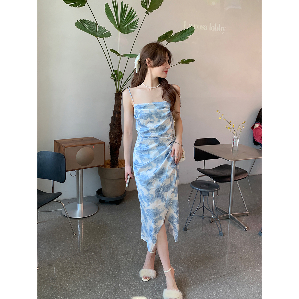 blue dress เดรสลายดอกไม้ แฟชั่นผู้หญิง แขนกุด ชุด สายเดี่ยว เจ้าหญิง เสื้อผ้าแฟชั่นผู้หญิง ชุดเดรสผู้หญิง