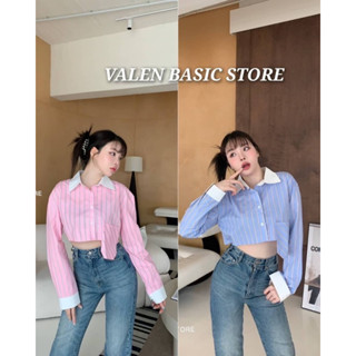 VALEN BASIC STORE 🩵🩷 เสื้อครอปเชิ้ตแขนยาวลายริ้วดีเทลกระเป๋า