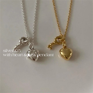 silver925 necklace with heart &amp; lock pendant สร้อยคอชุบเงินปรับความยาวได้