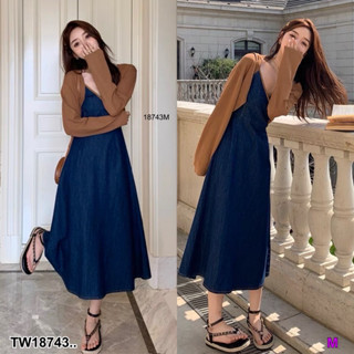 J18743 Set 2 ชิ้น เสื้อคลุมแขนยาว เดรสยีนส์สายเดี่ยว Set of 2 pieces. Long sleeve coat. one-shoulder denim dress