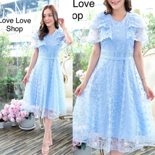 เดรสลูกไม้ฟ้า!!! L-4XL Maxi Dress เดรสสีฟ้าผ้าปักลายแขนระบาย2ชั้น งานป้าย Love love