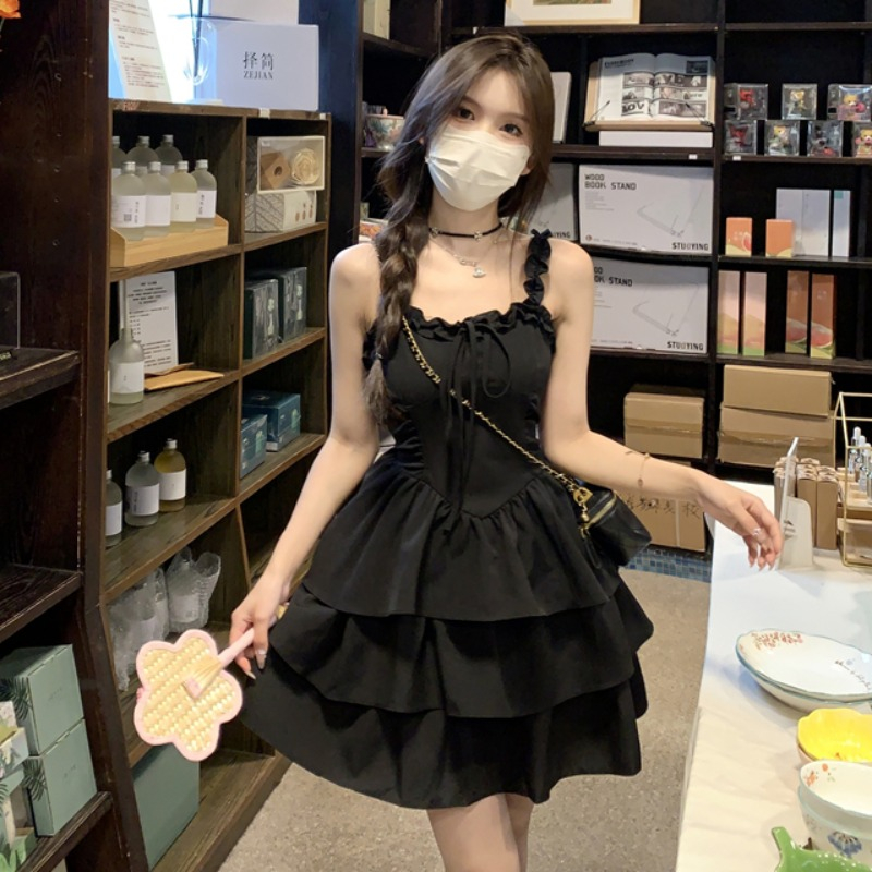 summer black dress แขนกุด แฟชั่น สายสะพาย เซ็กซี่ มินิเดรส เพิ่มขนาด เสื้อผ้าแฟชั่นผู้หญิง