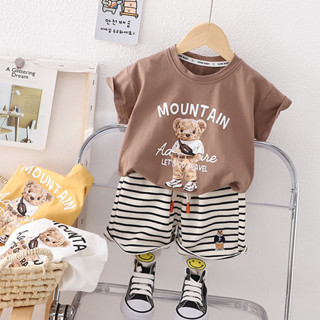 ชุดเซ็ทแนวเกาหลีหมี mountain bear เสื้อ + กางเกงลายขวาง งานปัก