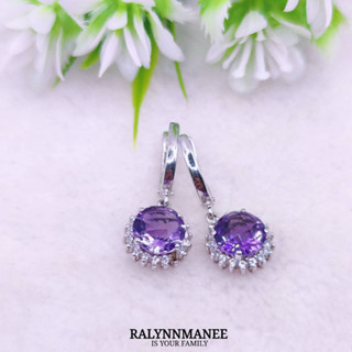 L6403 ต่างหูพลอยอเมทิสต์แท้ ( Amethyst ) แบบอิงลิชล็อค ตัวเรือนเงินแท้ 925 ชุบทองคำขาว