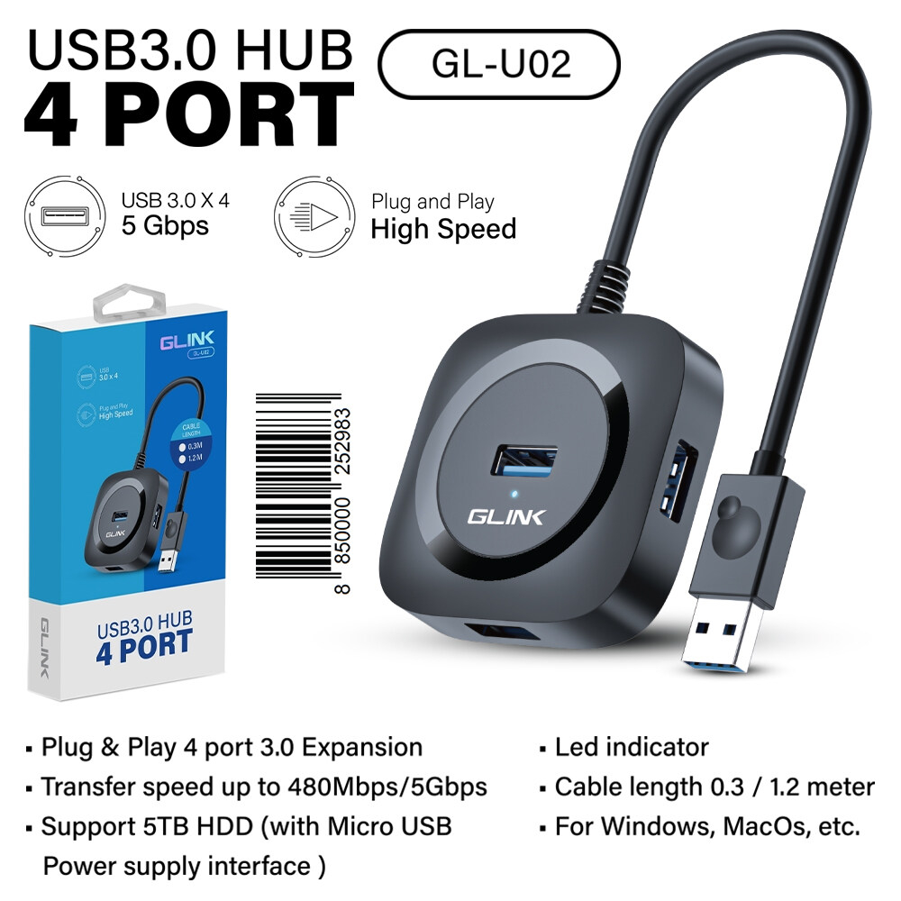Glink GL-U02 USB3.0 Hub 4Port 1.2M อุปกรณ์เพิ่มช่องต่อ USB3.0 ฮับ ยูเอสบีสายยาว 1.2 เมตร