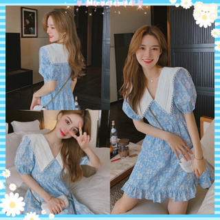 Blue Flower Dress พร้อมส่ง เดรสคอบัวลายดอกไม้ โทนสีฟ้า แขนตุ๊กตา เดรสแขนตุ๊กตา เดรสกระโปรง งายป้ายypy