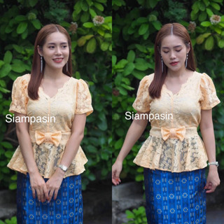 SOF เสื้อลูกไม้ ผ้าลูกไม้นิ่มลายสวย อก S M L XL XXL สีเหลือง แขนสั้น คอวีแต่งโบว์หน้าสวยเก๋ Blouse