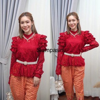 SOF เสื้อลูกไม้ ผ้านำเข้านิ่มมาก อก S M L XL XXL สีแดง แขนยาว แบบประยุกต์ ทันสมัย รุ่น ร5 Blouse