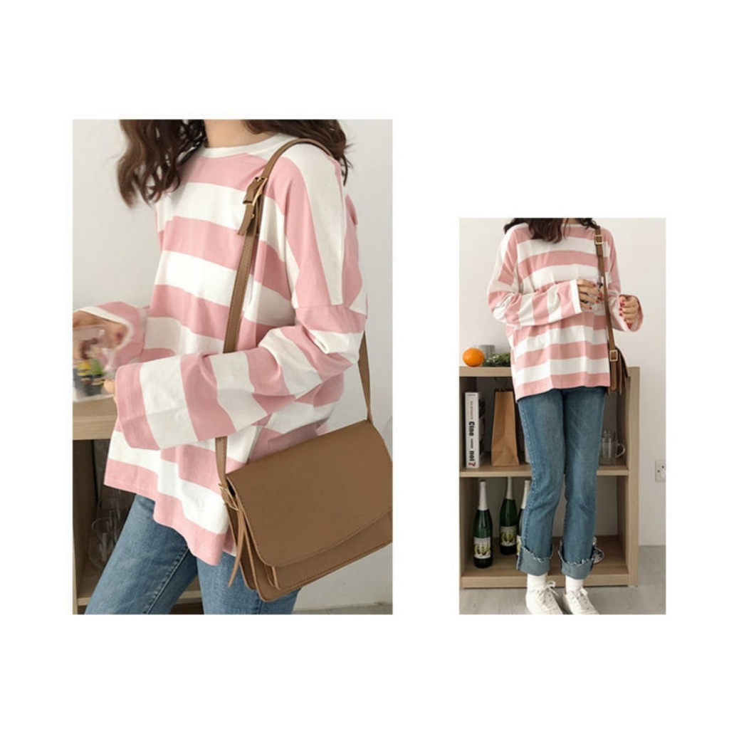 ꕥCatalog Fashionꕥ เสื้อยืดคอกลมแขนยาวลายทาง 3 สี