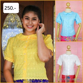 s-4xL เสื้อลูกไม้ คอบัว ปักลาย ไปวัด สีขาว
