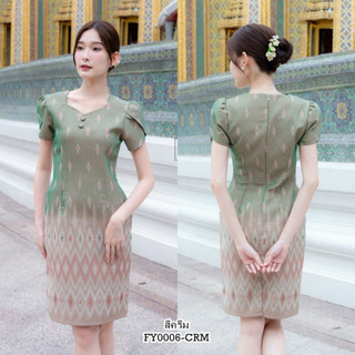 S-XL  ชุดเดรสไทยประยุกต์แขนกลีบบัว คอเหลี่ยมหัวใจ สีครีม IFY0006