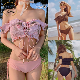 🏖BikiniTime (M-XL) SB95 มี3สี บิกินี่ ทูพีซ ชุดว่ายน้ำเปิดไหล่ กางเกงเอวต่ำ สุดเซ็กซี่ พร้อมฟองน้ำเสริมดันทรง