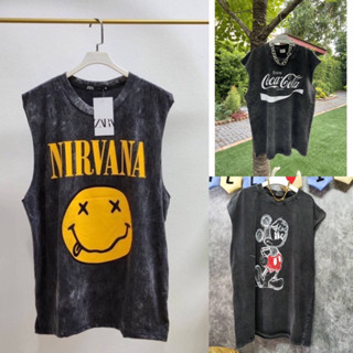 hmwe shop🍊เสื้อยิด แขนกุด งานผ้าฟอก ทรง Oversizeลายวง ลายวิน…