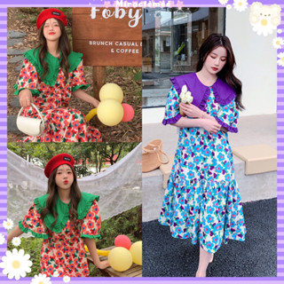 Maxi Dress เดรสคอบัวลายดอกไม้ ชุดมีซับใน กระดุมผ่าหน้า พร้อมส่ง2สี ทรงใหญ่oversize แขนตุ๊กตา งานป้าย