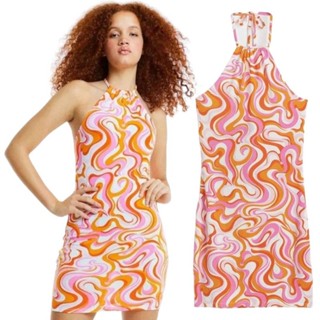 H :  halter neck dress orange pattern