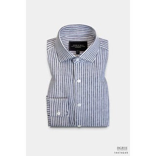 Egyptian linen navy&amp;White N/Y Stipe 0.5cm Shirt - เสื้อเชิ้ตลินินอียิปต์ลายทางสีกรม/ขาว