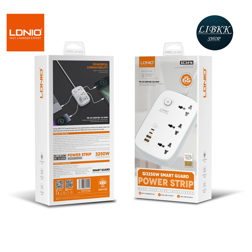 LDNIO SC3416 ปลั๊กพ่วง ปลั๊กไฟ 3Socketรองรับ65W PD3.0+60W QC3.0 Fast chargeชาร์จเร็ว กำลังไฟ 3250W-สายยาว 2เมตร SC3416 ราคา ถูกที่สุด ดีลบีเคเค