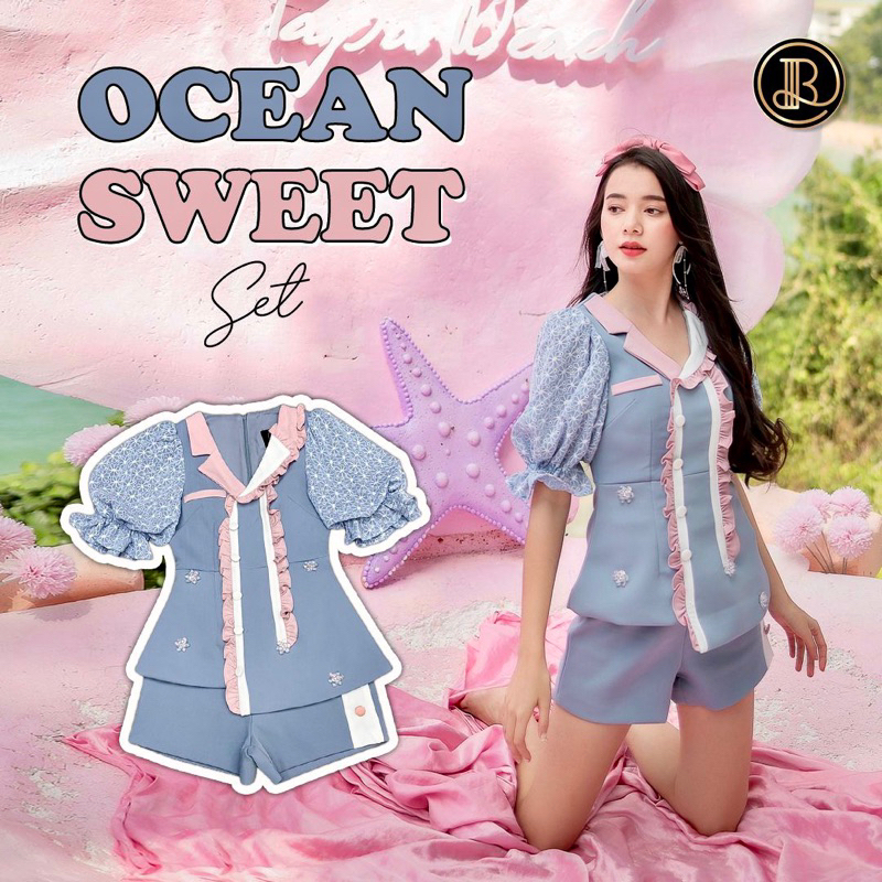 🩵BLT Brand แบรนด์แท้ ชุดเข้าเซ็ทสีฟ้า เสื้อคอปกระบาย พร้อมปักดอกไม้ + กางเกง ทรงสวยน่ารัก Colors : Ocean Sweet