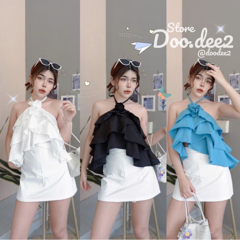 DOODEE2 เสื้อระบายเป็นชั้นๆ คล้องคอ ติดกุหลาบตรงกลาง