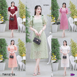 J18759 เดรสลูกไม้คอเหลี่ยม แขนตุ๊กตา ผูกโบว์ไหล่ Square neck lace dress, doll sleeves, shoulder bow tie