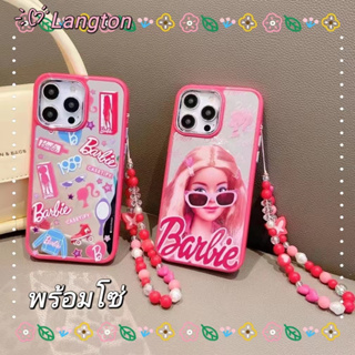 🌈Langton🌸สไตล์สร้อยข้อมือ การ์ตูน Barbie doll iphone 11 14 pro max พื้นผิวกระจก ขอบเต็ม สีชมพู case for iPhone 12 13