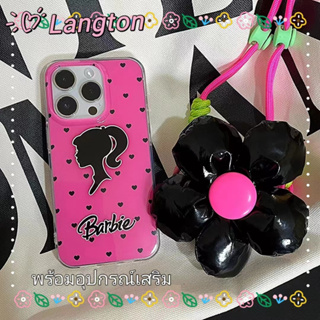 🌈Langton🌸พร้อมโซ่ ดอกไม้ การ์ตูน Barbie doll iphone 11 14 pro max เส้นขอบโปร่งใส สีชมพู รูปหัวใจ case for iPhone 12 13