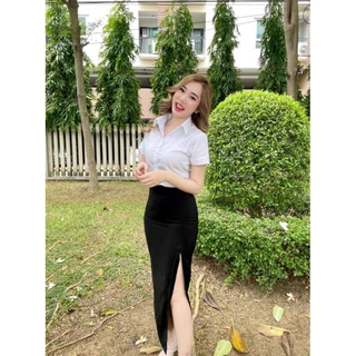 กระโปรงนักศึกษาทรงเอยาว 36 ผ่าหน้าและผ่าหลัง ผ้าหนา ไม่บาง ผ้าฮานาโก๊ะ