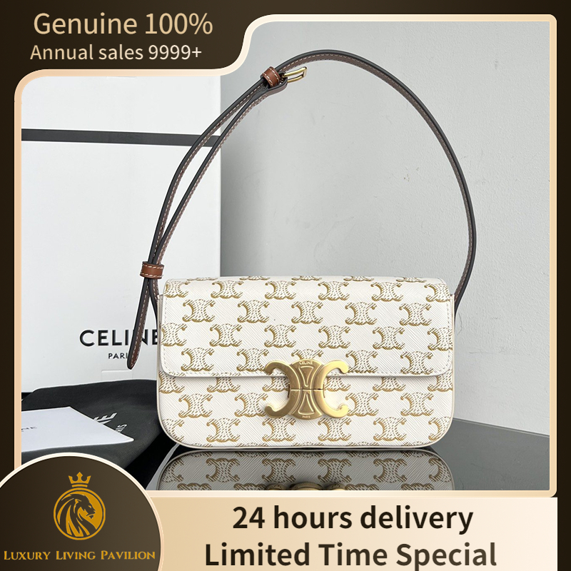 👜ซื้อในฝรั่งเศส ใหม่ Celine  TRIOMPHE SHOULDER BAG IN TRIOMPHE CANVAS AND CALFSKIN WHITE กระเป๋าแฟชั