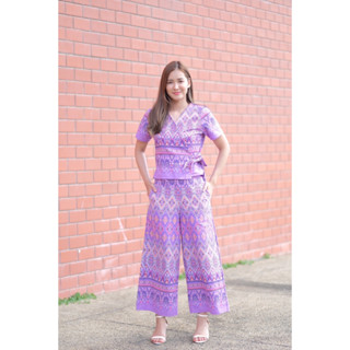 ชุดSET (เสื้อ+กางเกง) สีม่วง ลายยุคใหม่