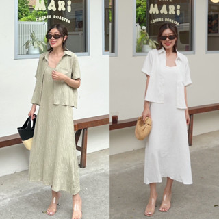 Nudeaholic 💚 328 Two Pieces Set Camisole Dress + Short Sleeves Shirt เซ็ตเดรสสายเดี่ยวคอวี สายปรับได้
